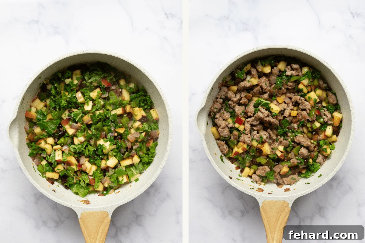 Hearty Sausage-Filled Acorn Squash Bake 7 Left image shows diced apple, chopped kale, and dried cranberries added to the skillet with aromatics. Right image displays the cooked Italian sausage being returned to the skillet with the filling ingredients.