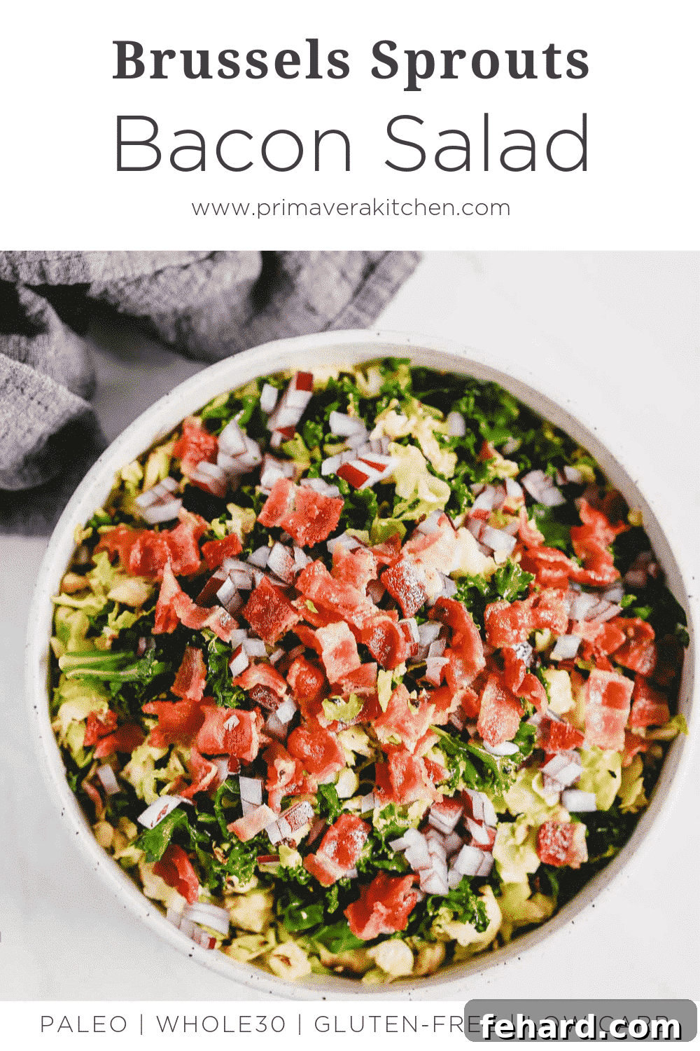 A beautifully composed Brussels Sprouts Bacon Salad, ready for serving, highlighting its fresh ingredients.