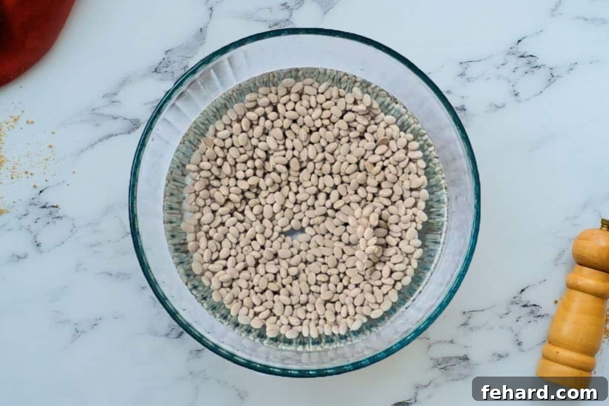 Dried navy beans soaking in a large bowl of water overnight.