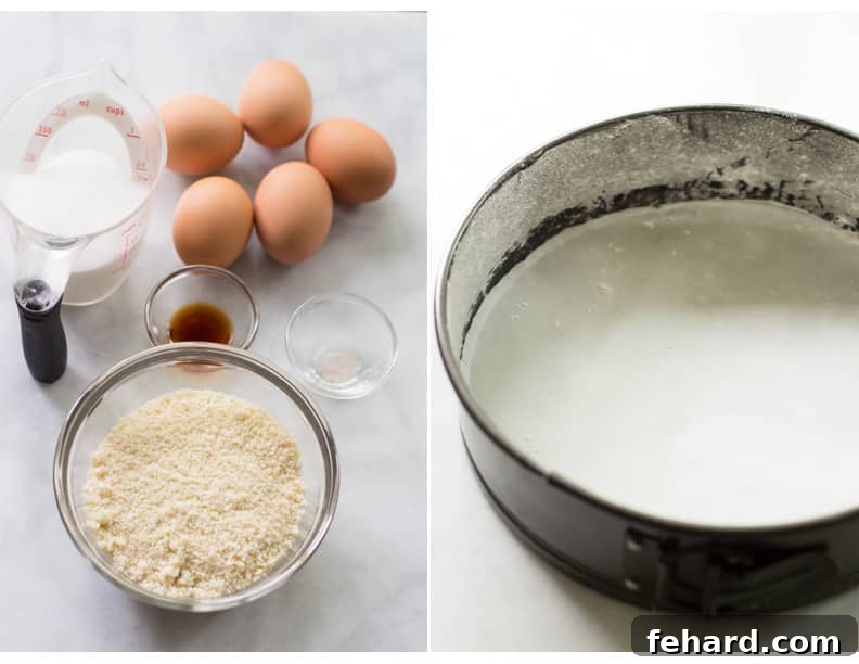 Two images side by side: one displays the core ingredients for an almond cake, while the other shows a prepared cake pan lined with parchment paper, ready for baking.