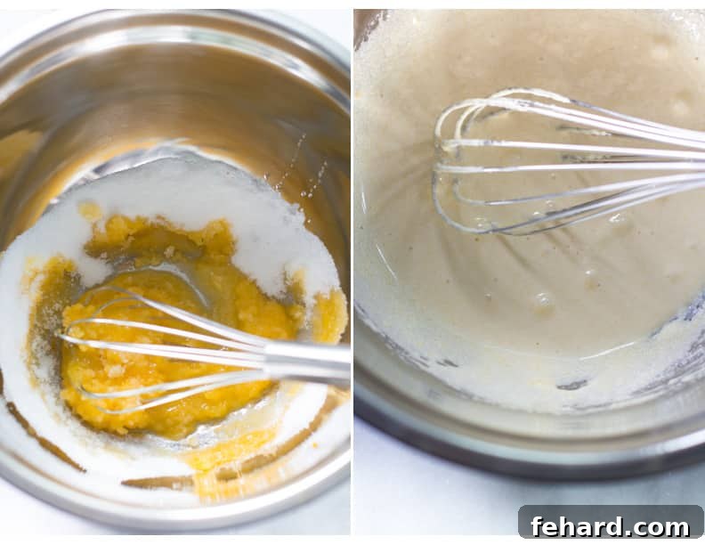 A series of close-up photos demonstrating the initial steps of the almond cake recipe: a bowl of egg yolks being whisked with sugar, followed by the addition of vanilla extract into the mixture.