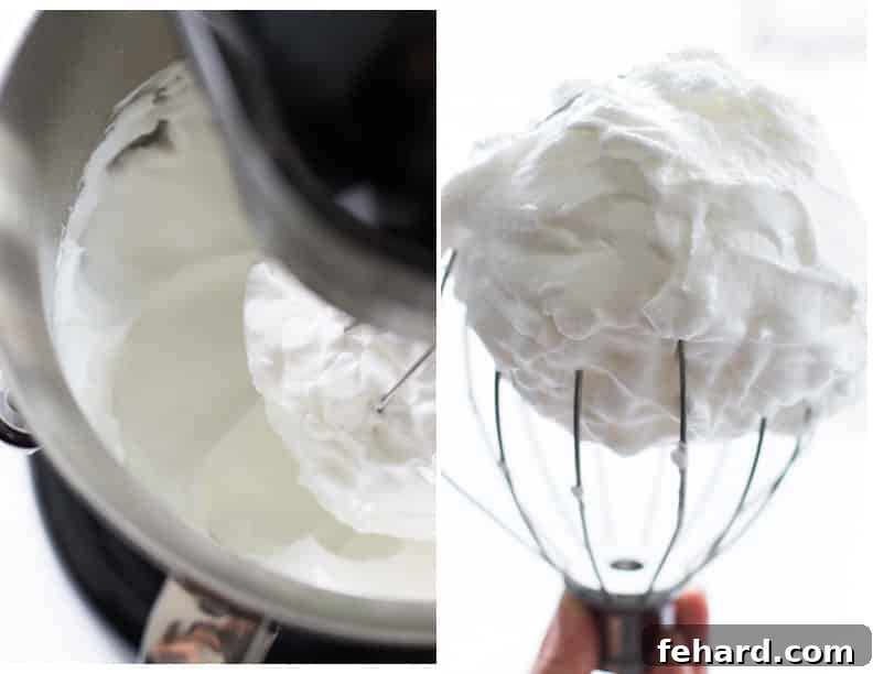 A visual guide showing the process of whipping egg whites to a light and fluffy consistency, a crucial step for a airy cake texture.