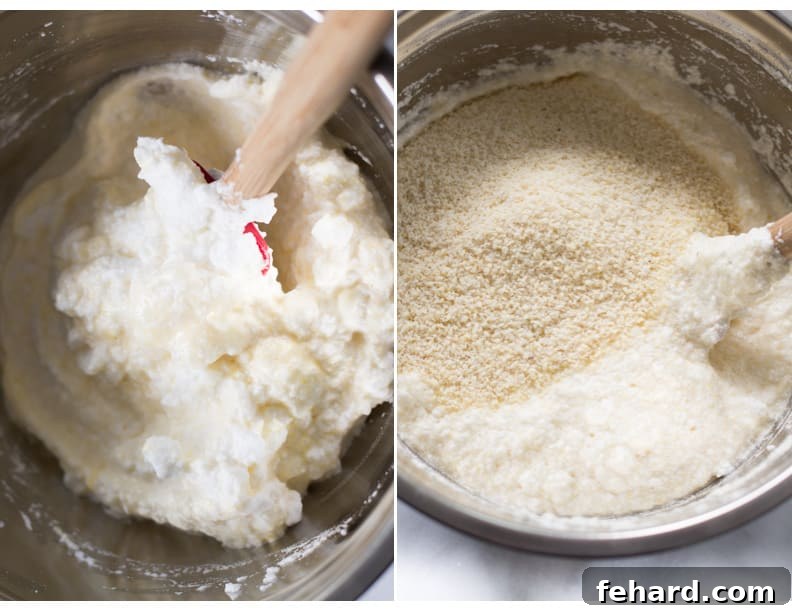 Step-by-step photos illustrating how to gently fold whipped egg whites into the cake batter, followed by the careful addition of almond flour to complete the mixture.