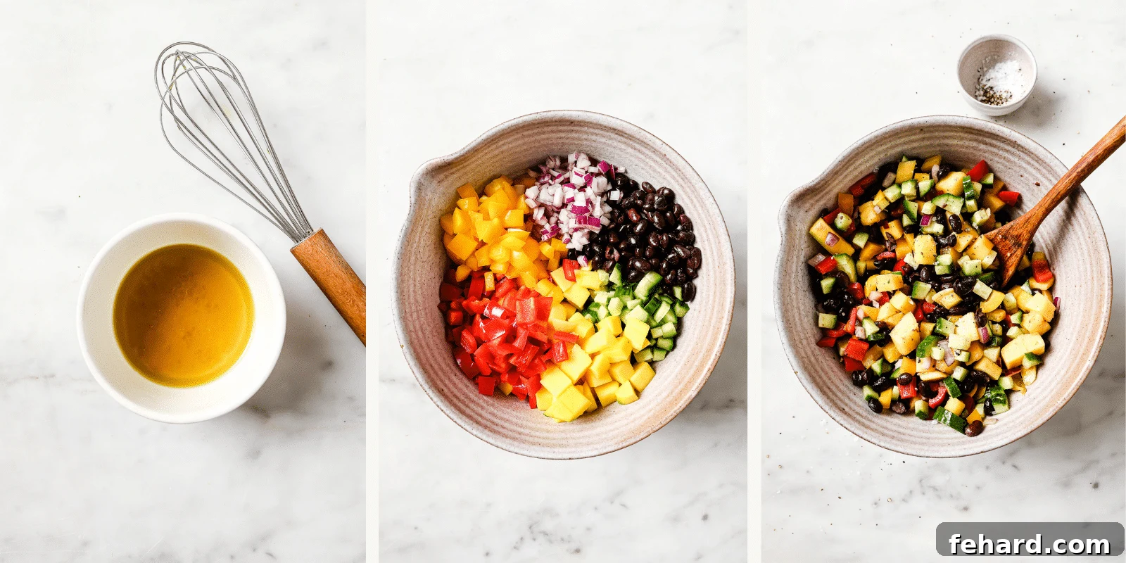A person gently mixing the black bean mango salad in a large glass bowl with a spoon, showing the vibrant colors.