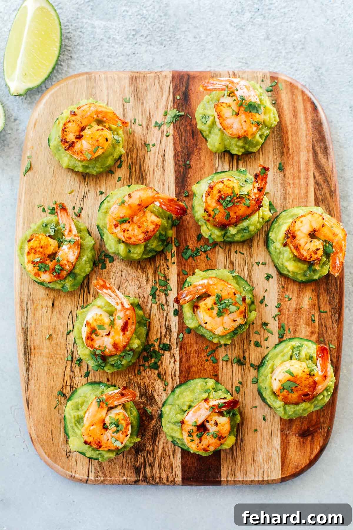 Irresistible Shrimp Guacamole Poppers 3 Overhead shot of Shrimp Guacamole Cucumber Bites