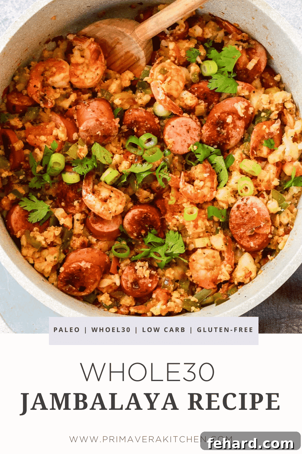 A photo collage showing different views of the Whole30 Jambalaya recipe, ready to be pinned.
