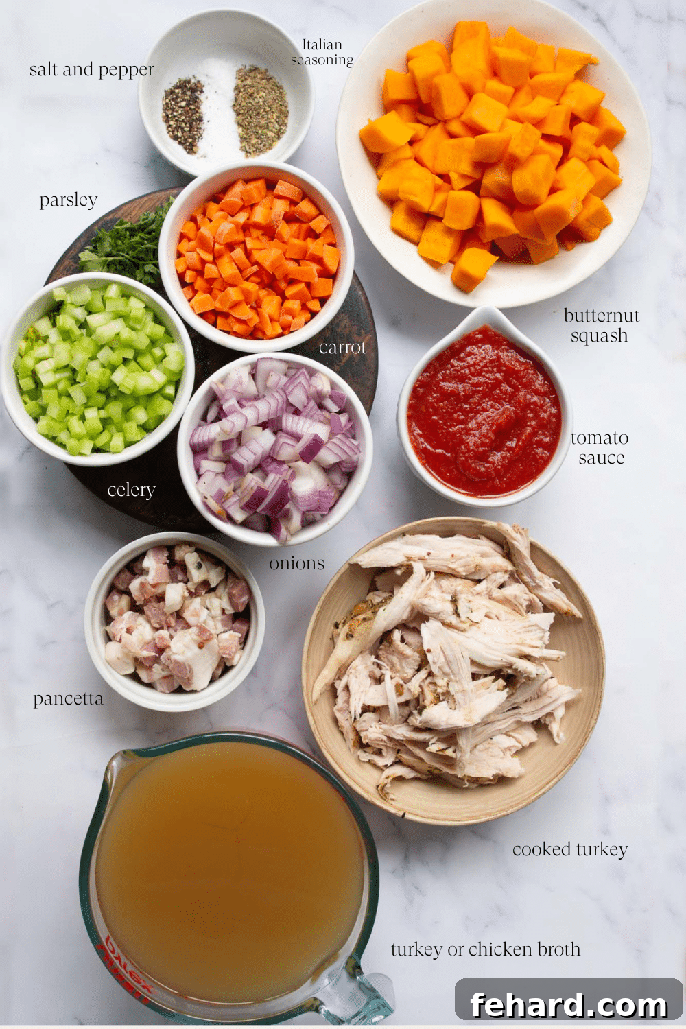 Hearty Turkish Vegetable Soup 3 Ingredients for turkey vegetable soup arranged neatly on a kitchen counter, including diced vegetables, pancetta, broth, and seasonings.