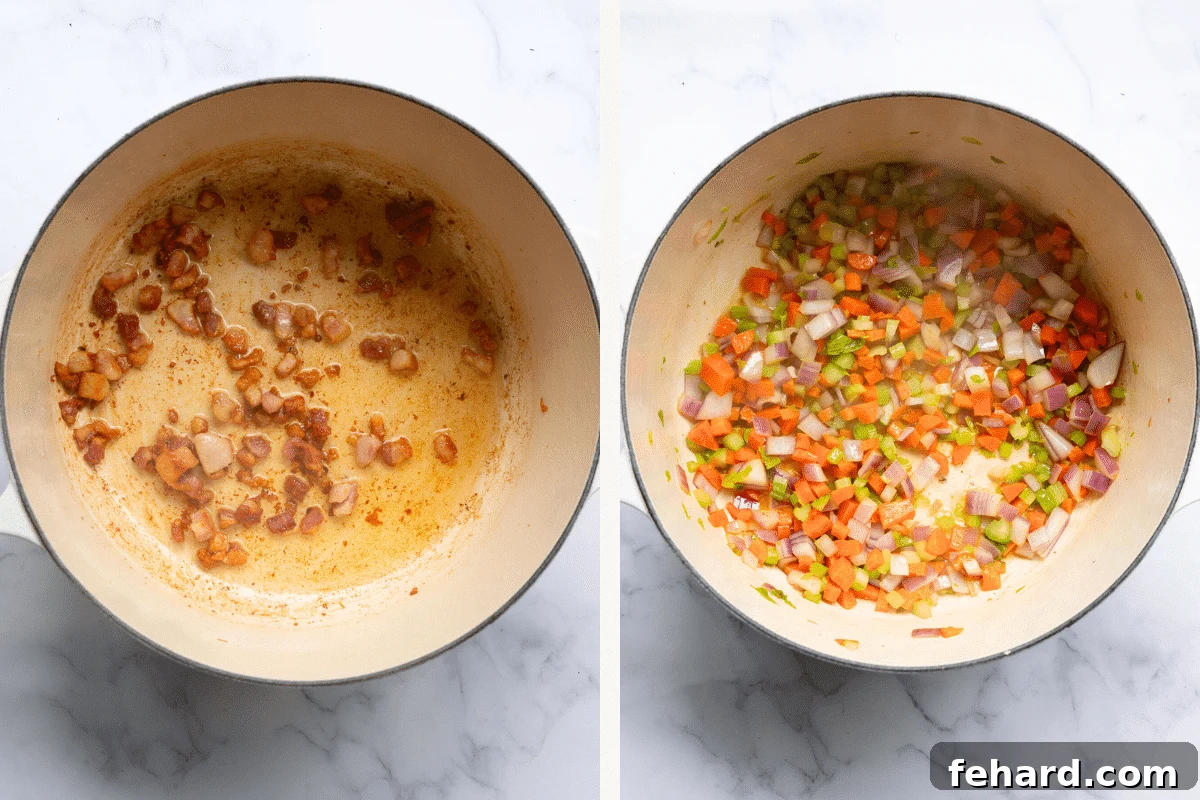 Hearty Turkish Vegetable Soup 4 Two images side by side: left shows sizzling pancetta in a pot; right shows diced carrots, celery, and onions sautéing in the same pot.