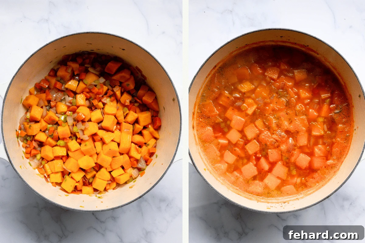 Hearty Turkish Vegetable Soup 5 Two images side by side: left shows sautéed vegetables with diced butternut squash in a pot; right shows the addition of chicken broth to the vegetable mixture in the pot.