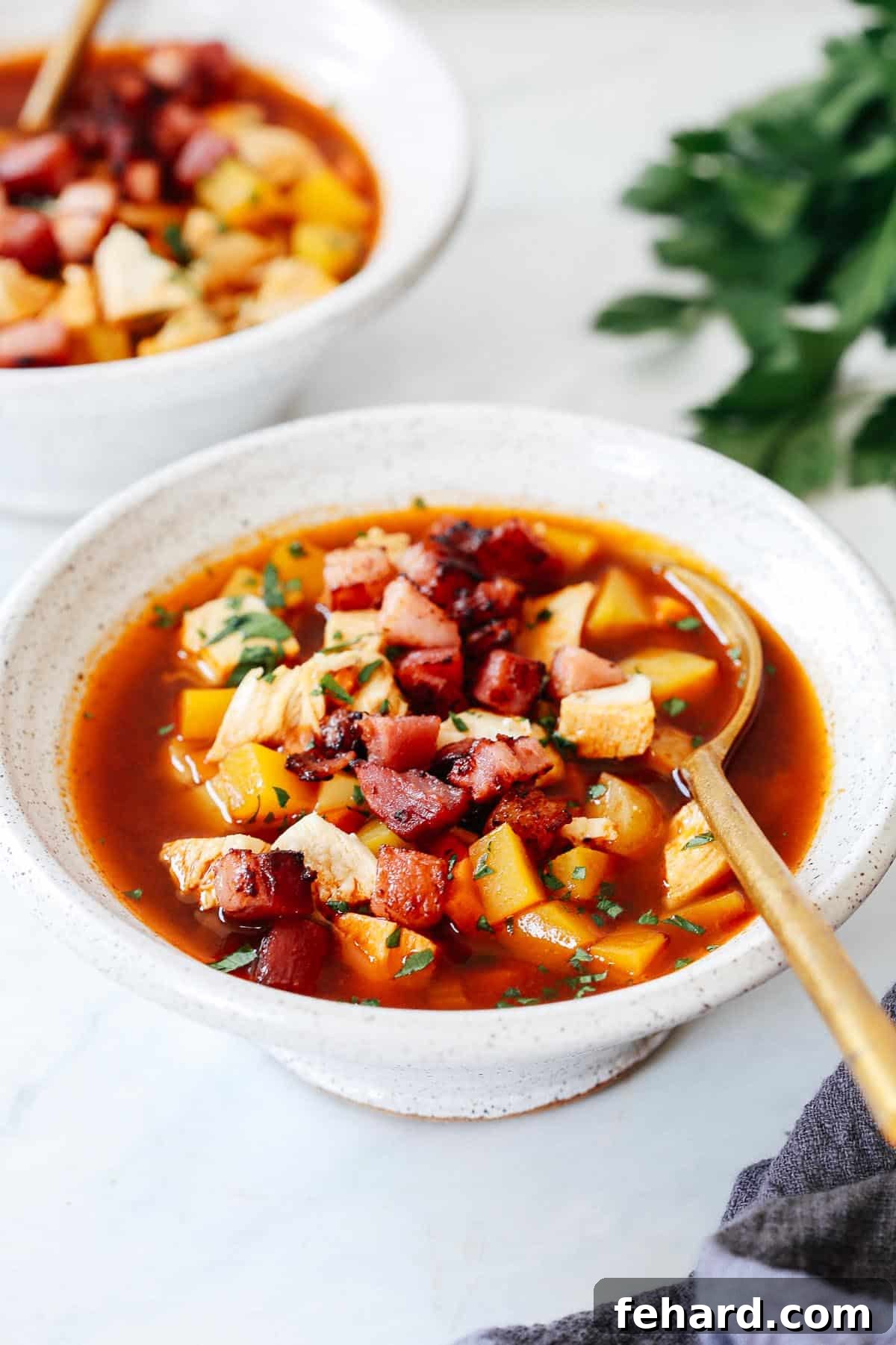 Hearty Turkish Vegetable Soup 7 Close-up of turkey vegetable soup in a white bowl with a golden spoon partially submerged, showing the rich texture and vibrant colors.