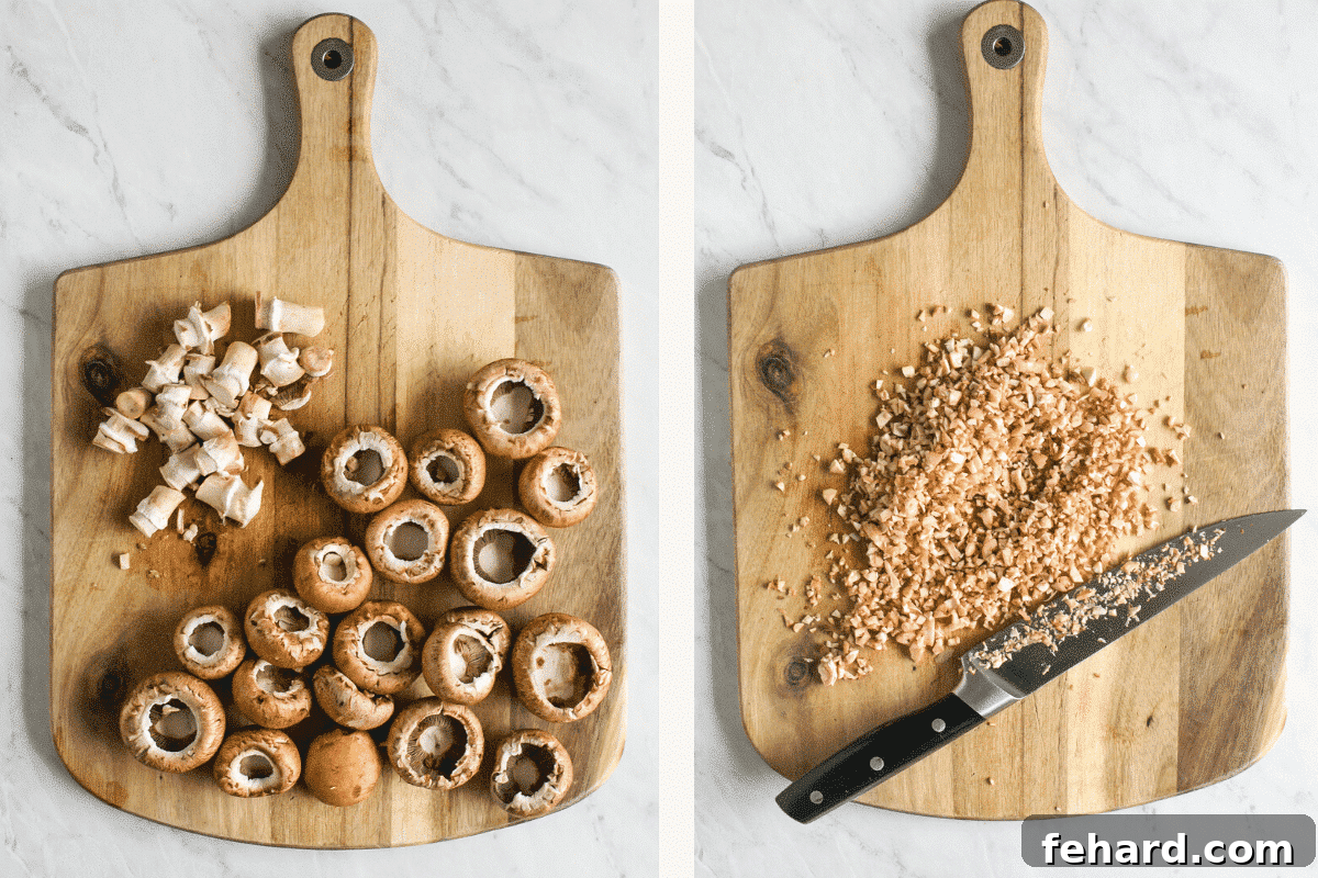 Side-by-side photo illustrating cleaned mushrooms on a cutting board, some with stems removed and caps hollowed.