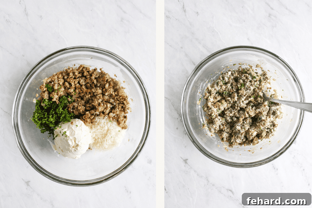 A glass bowl with all the filling ingredients being mixed together to create a cohesive stuffing.