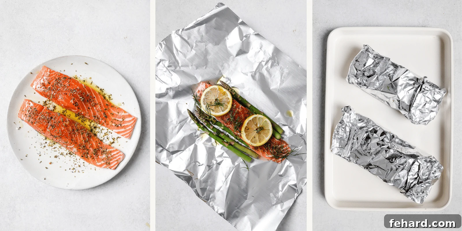 left: seasoned salmon. Center: asparagus, seasoned raw salmon in foil. Right: salmon foil packets