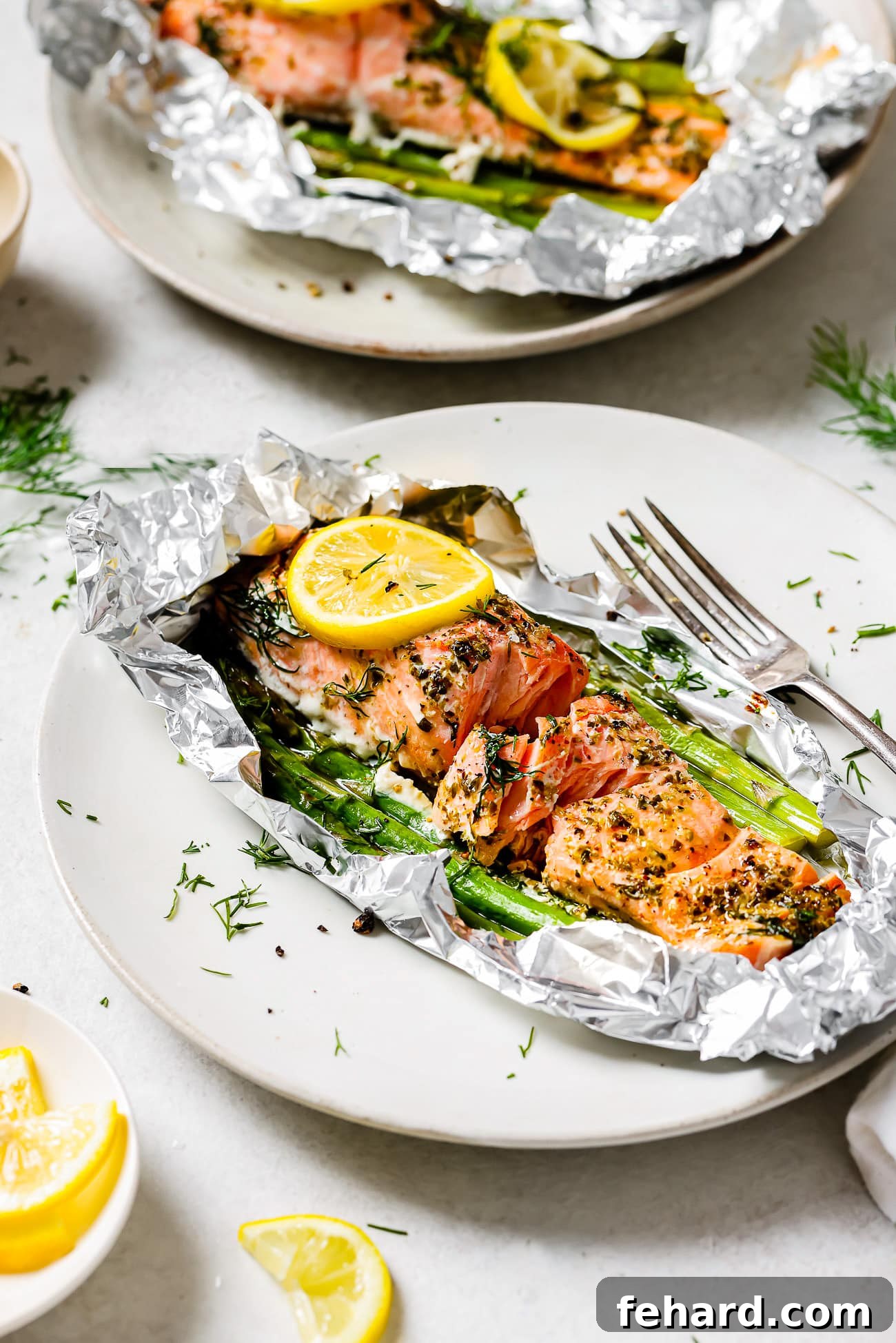 overhead view of baked salmon in foil.