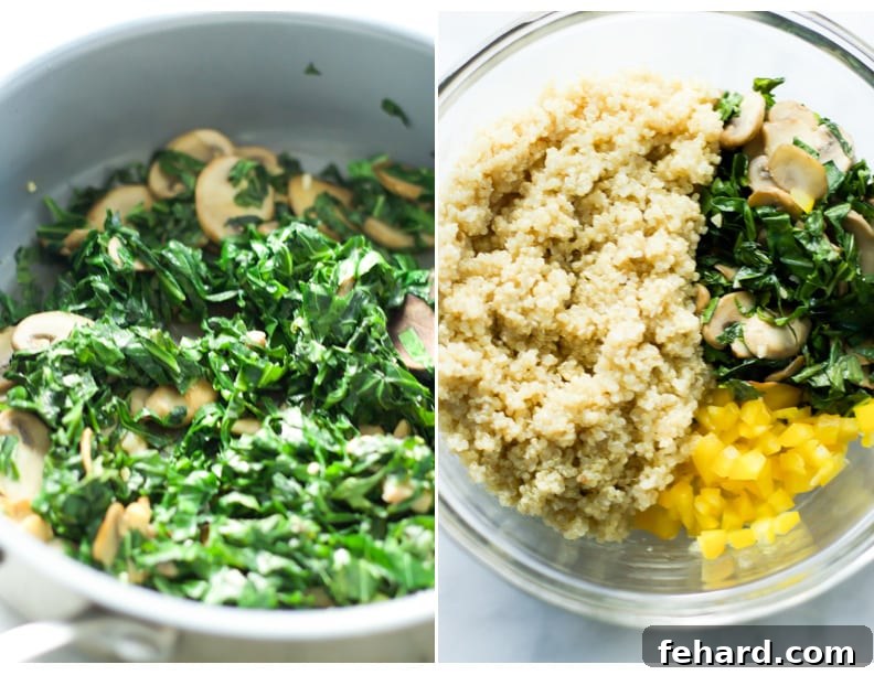 Kalamata Collard Quinoa Salad Preparation Steps Instructional photos showing the greens and mushrooms sauted to perfection, followed by their combination with fluffy quinoa, illustrating the ease of preparation.