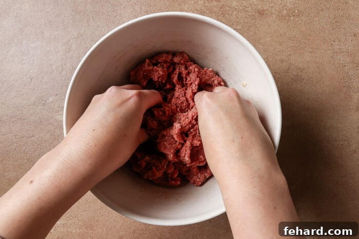 Irresistible Party Meatballs 5 Hands mixing the ingredients to make the cocktail meatballs.