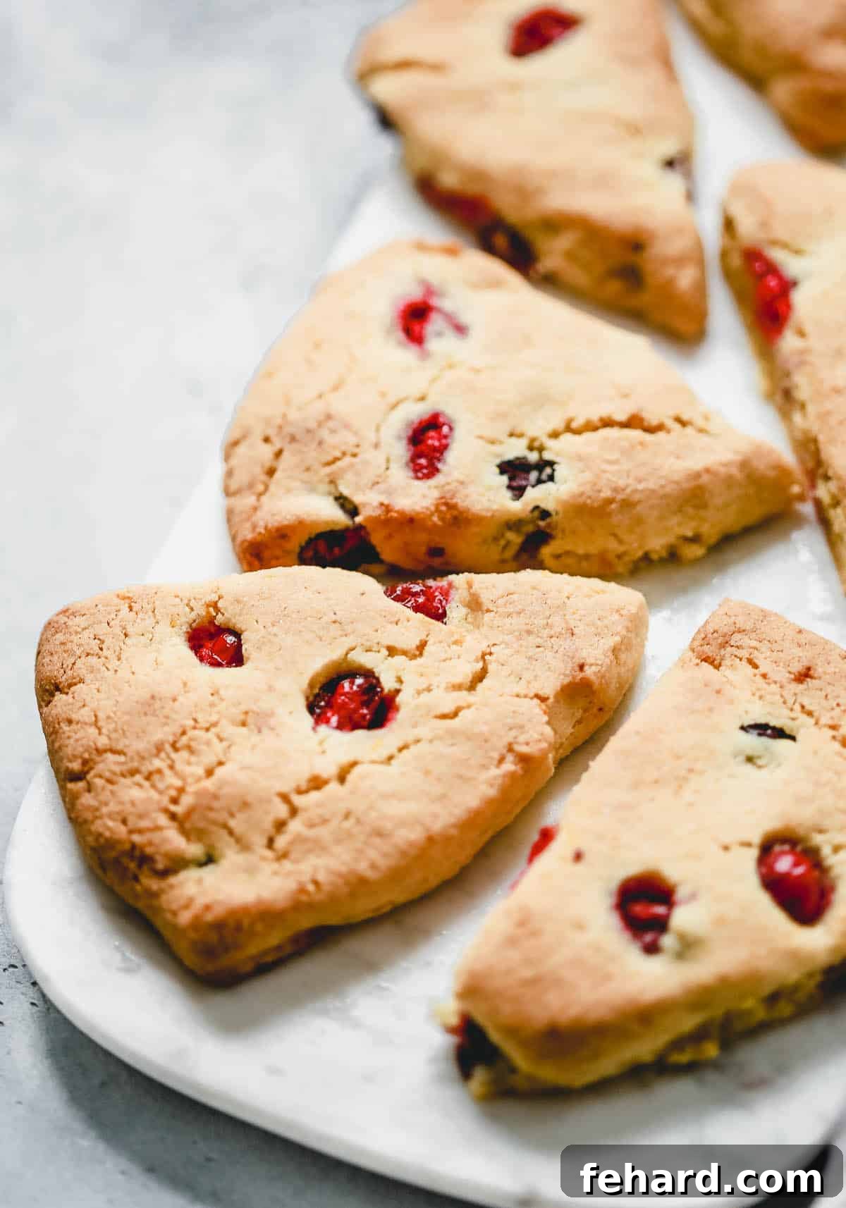 Cranberry orange scones celebrate all the fruit flavors of the season in a low carb treat. For breakfast or dessert, this scone recipe looks beautiful and tastes amazing. platter of cranberry-orange flavor low carb scones