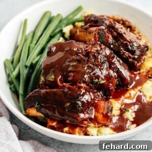 overhead view of a bowl containing Instant pot short ribs