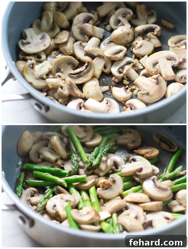 Step by step instructional photos showing mushrooms sautéing in a pan, followed by asparagus being added.