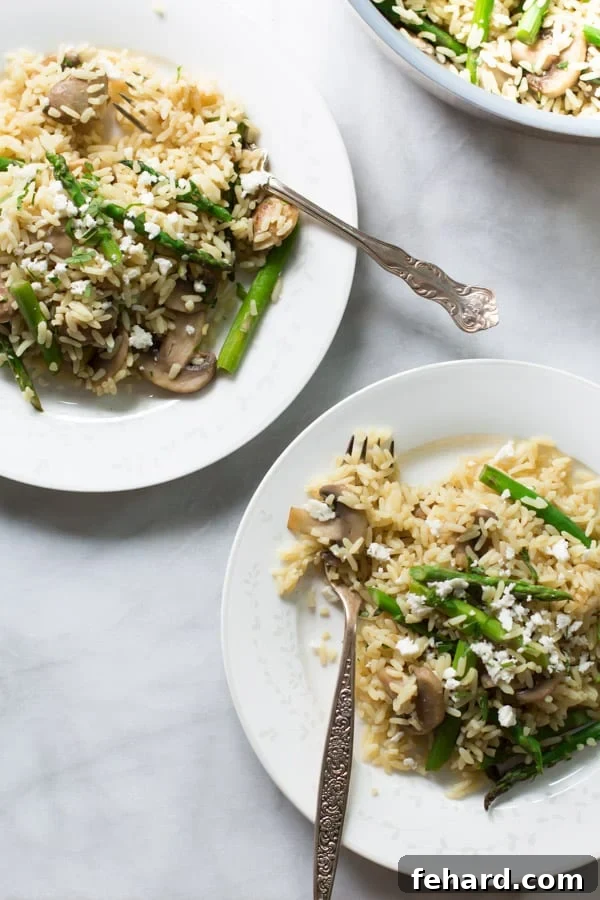 Two plates of rice with mushroom and asparagus, each garnished with fresh herbs and a fork beside them.