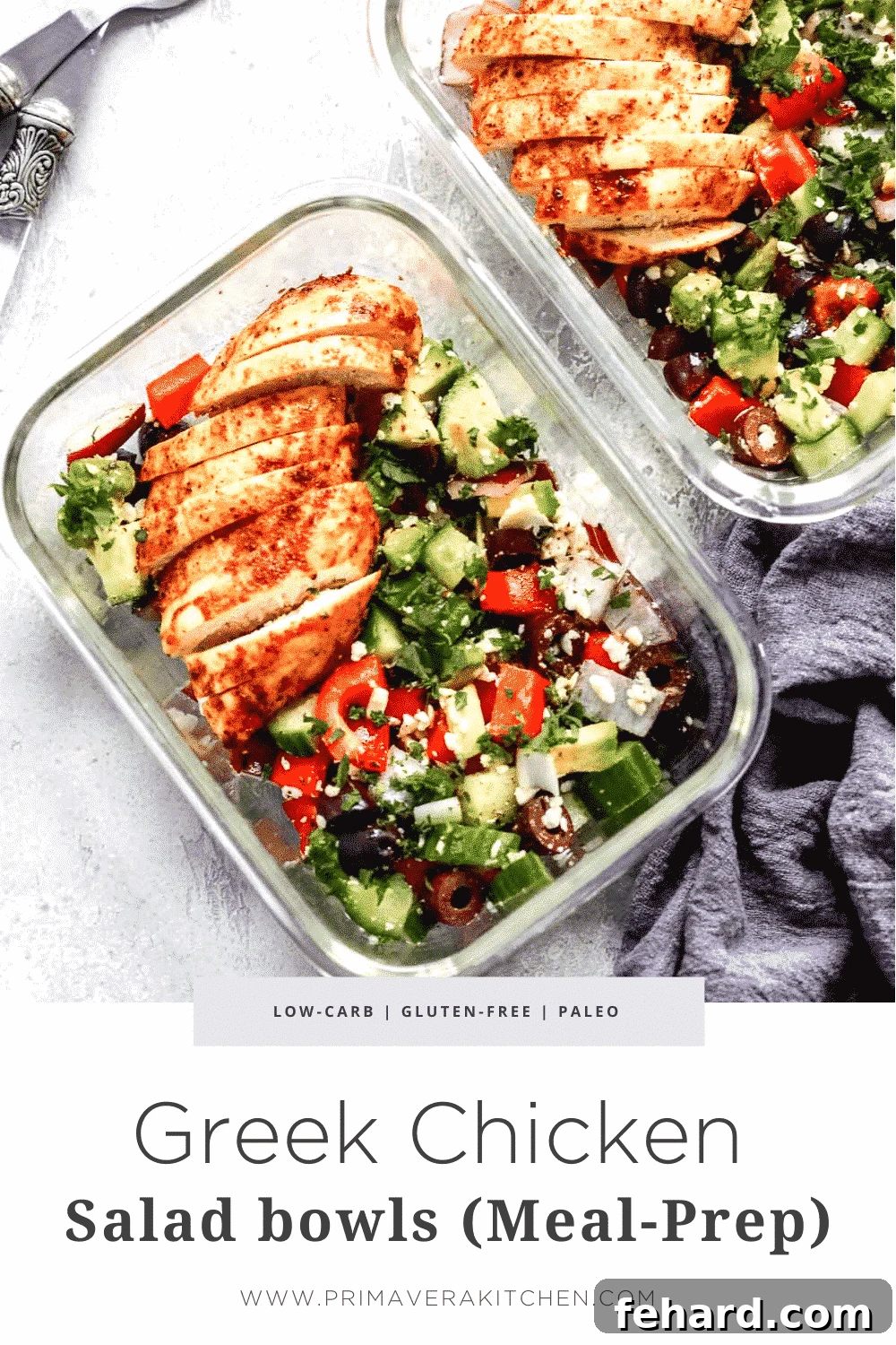 Titled photo collage showing Greek Chicken Salad Meal Prep Bowls ready to eat