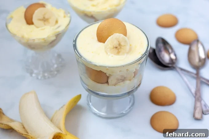 Three mini trifle dishes showcasing layered banana pudding, garnished with vanilla wafers and banana slices.
