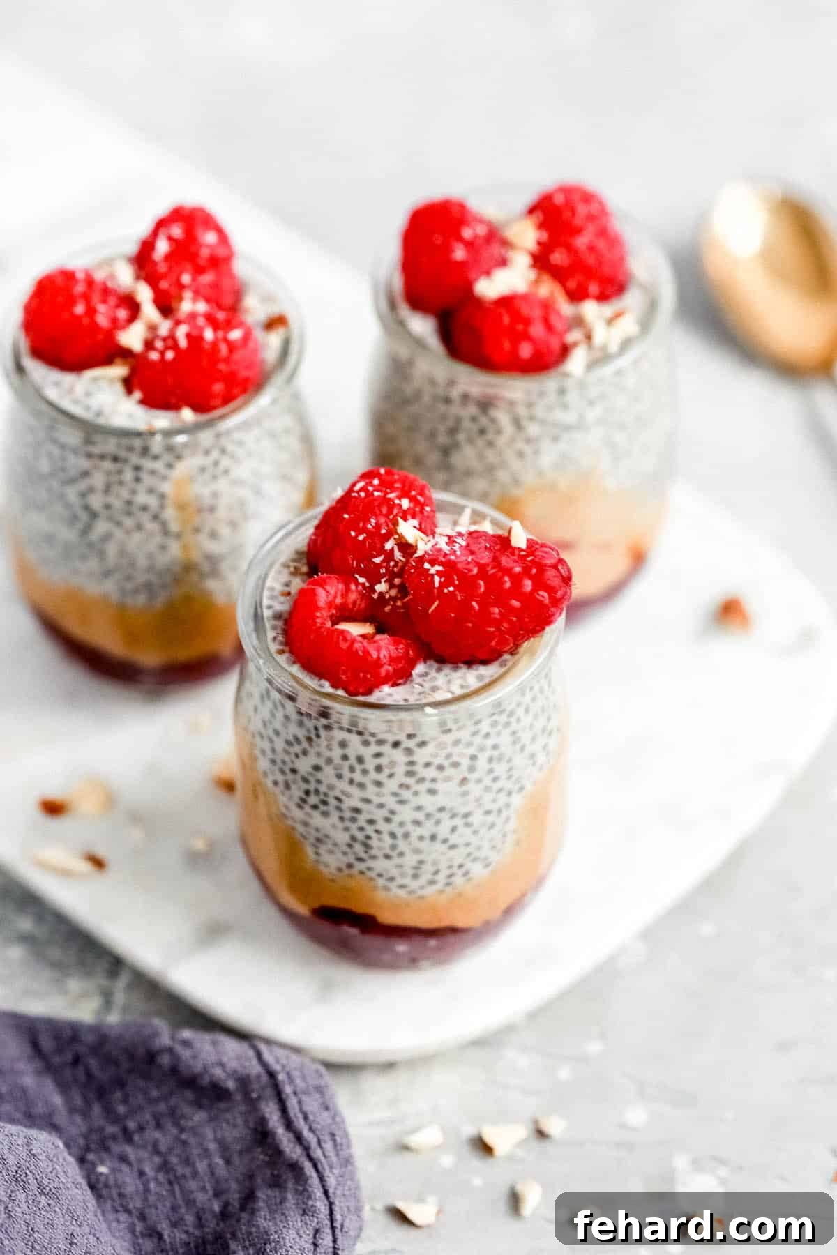 top view of glass jars of chia seed pudding