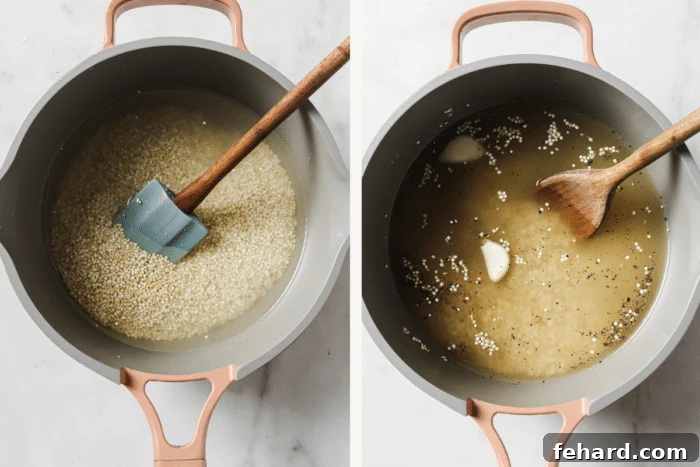 Vibrant Greek Quinoa Salad 4 A two-part image showing (left) quinoa and broth in a saucepan beginning to cook, and (right) garlic, salt, and pepper being added to the dressing ingredients.