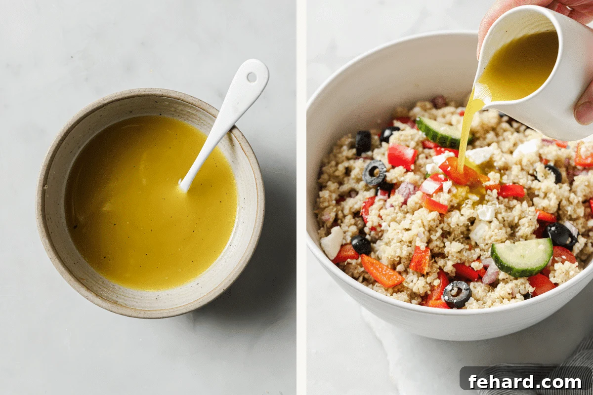 A two-panel image showing (left) a bowl of homemade salad dressing and (right) the Greek quinoa salad after the dressing has been added and tossed.