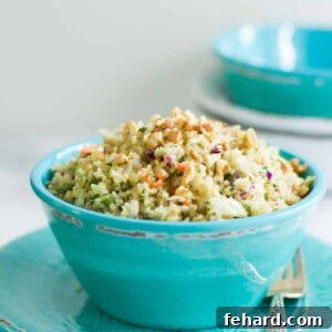 Close-up view of Quinoa Cabbage Salad in a blue bowl