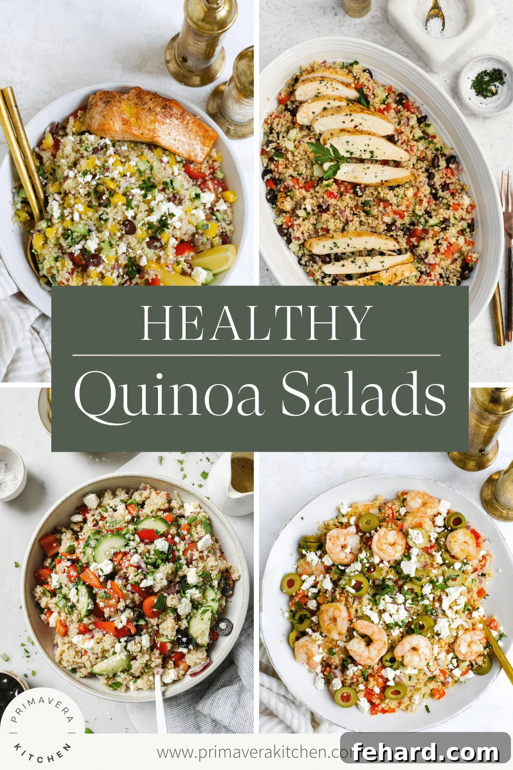 A vibrant collection of healthy quinoa salads, showcasing various ingredients and colors.