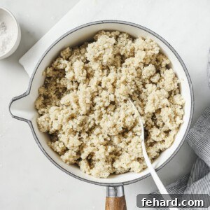 A close-up image showing how to make perfectly fluffy quinoa.