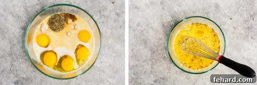 Eggs and almond milk in a glass bowl with a whisk in it.