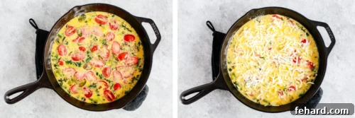 Vegetables and egg mixture in a cast iron skillet topped with tomatoes and cheese.