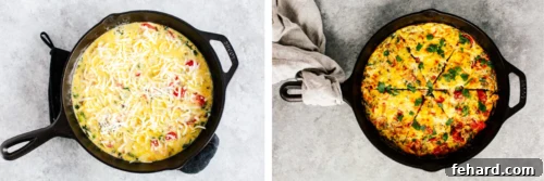 Baked vegetable frittata in a cast-iron skillet, golden and ready.