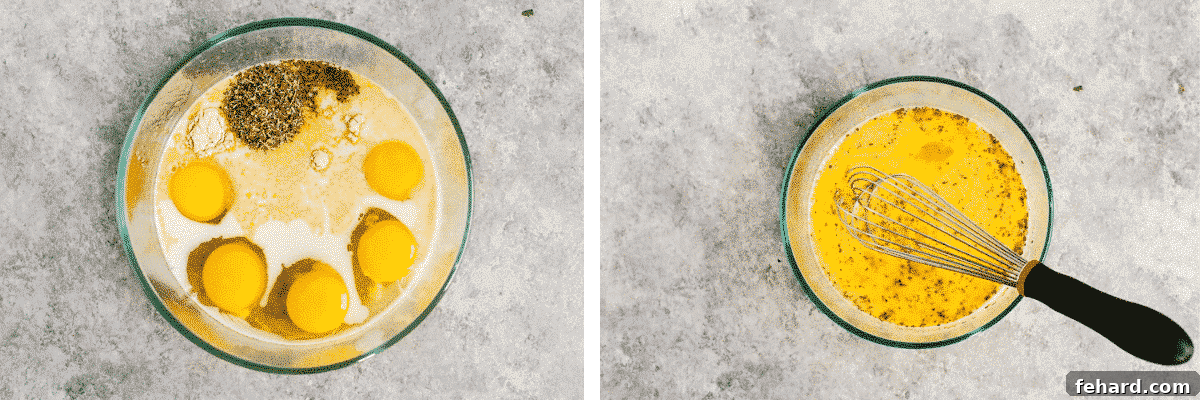 Whisking eggs, almond milk, and various seasonings in a clear glass bowl, preparing the frittata base.