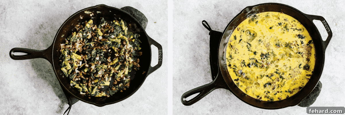 Step-by-step image showing raw egg mixture poured over sautéed vegetables in a cast-iron skillet, topped with cherry tomatoes and shredded cheese, ready for baking.