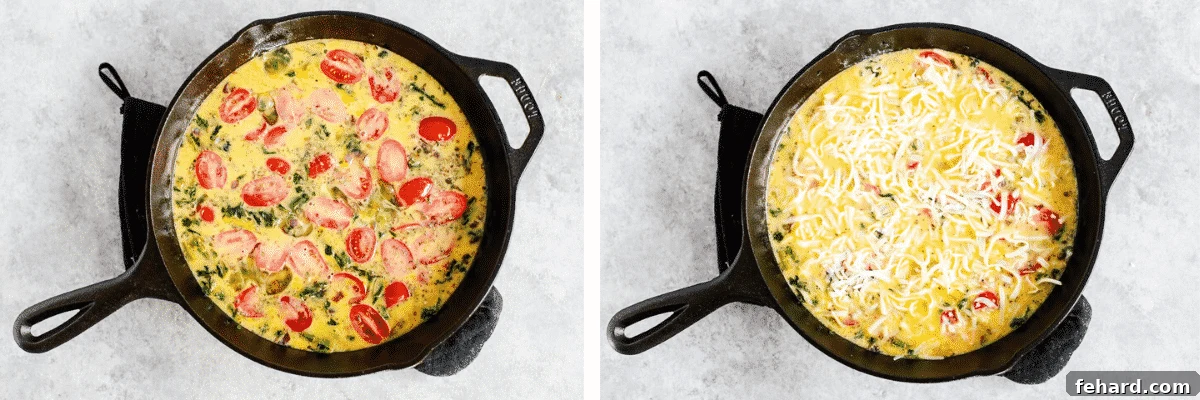 Oven-baked vegetable frittata in a cast-iron skillet, fresh out of the oven, with a perfectly golden top.