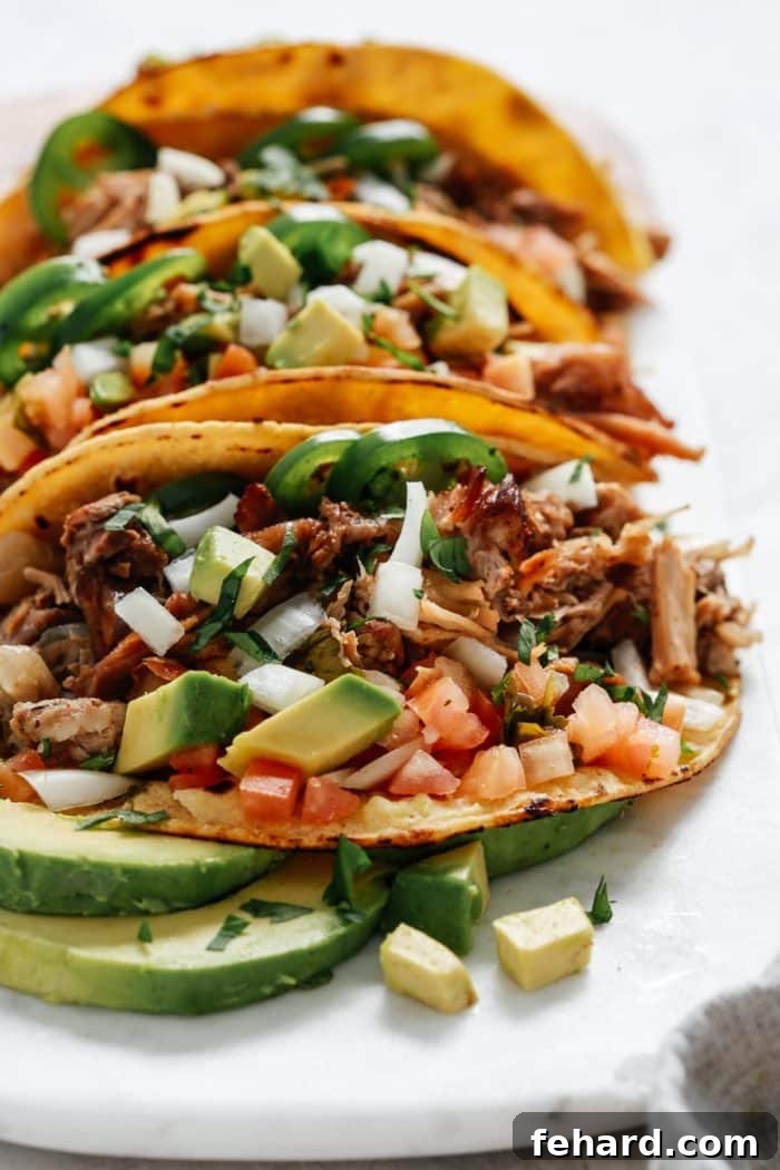 close up image of shredded Mexican pork with fresh avocado in taco shells