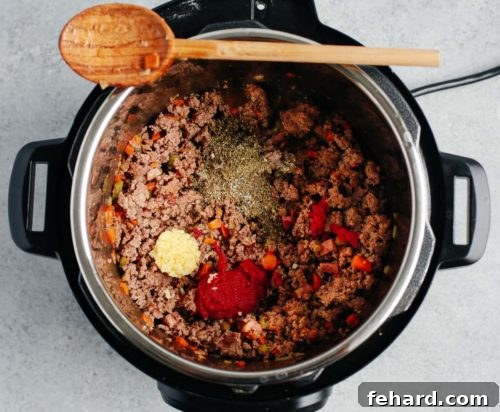 Overhead view of meat sauce ingredients inside an Instant Pot
