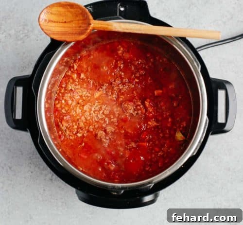 Overhead view of Instant Pot meat sauce with tomatoes and liquids added