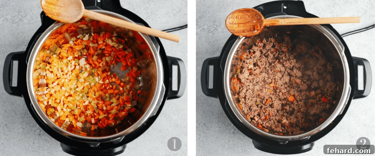 Photo collage showing the initial steps of preparing the Instant Pot meat sauce, including sautéing vegetables and browning meat