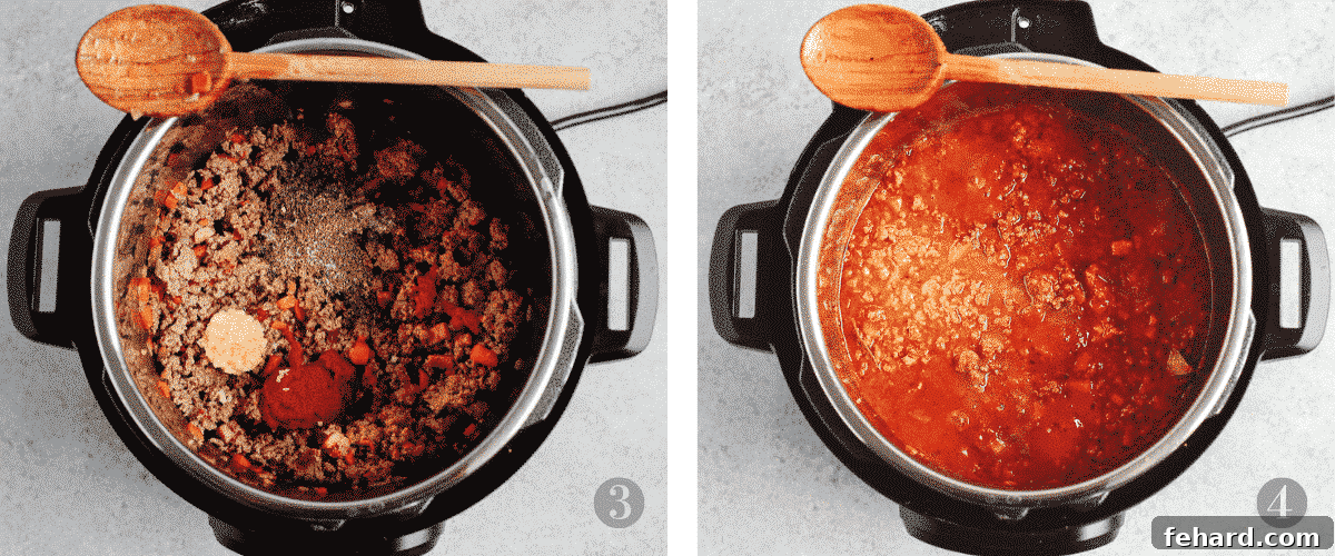 Photo collage depicting key stages in making Instant Pot pasta sauce, such as adding tomatoes and spices