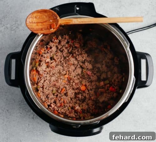Cooked ground beef inside an Instant Pot