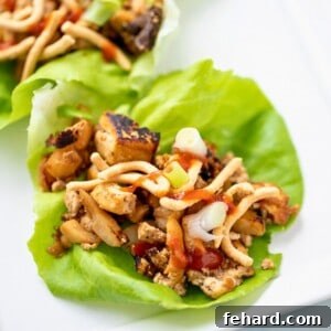A crisp lettuce cup brimming with golden, savory tofu and mushroom vegetarian filling, beautifully garnished with crunchy chow mein noodles and a hint of hot sauce, captured from an overhead view.