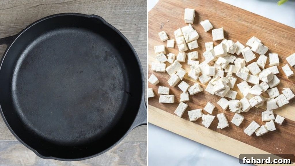 A two-part image showing a block of firm tofu being pressed under a heavy skillet on one side, and on the other, the pressed tofu has been crumbled into small, uniform chunks, ready for cooking.