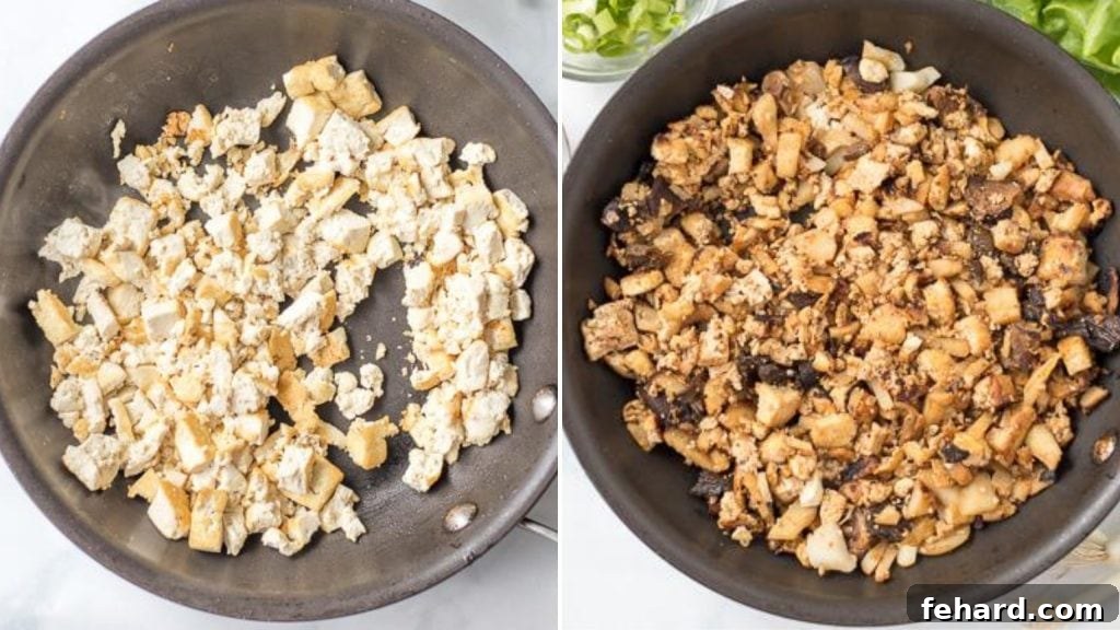 A side-by-side view showing a skillet with golden, perfectly sautéed crumbled tofu on one side, and on the other, the skillet contains the combined tofu and mushroom mixture, simmering in a flavorful sauce.