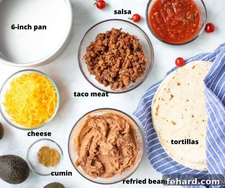 Carefully arranged ingredients for Mexican Lasagna on a kitchen counter, each labeled clearly for easy identification.
