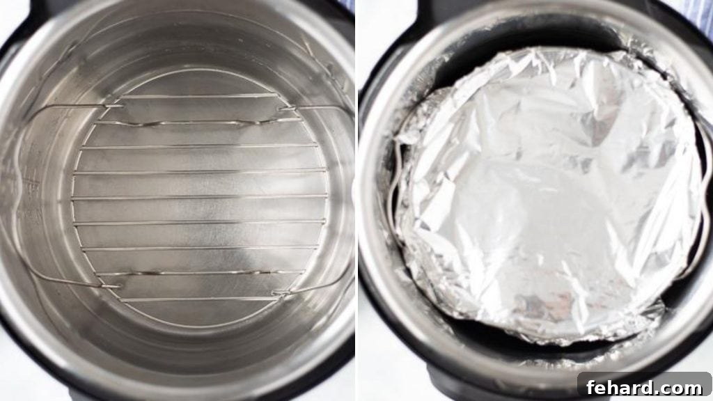 Side-by-side comparison of an Instant Pot with a metal rack inside, and another showing the assembled lasagna pan placed on the rack within the Instant Pot.