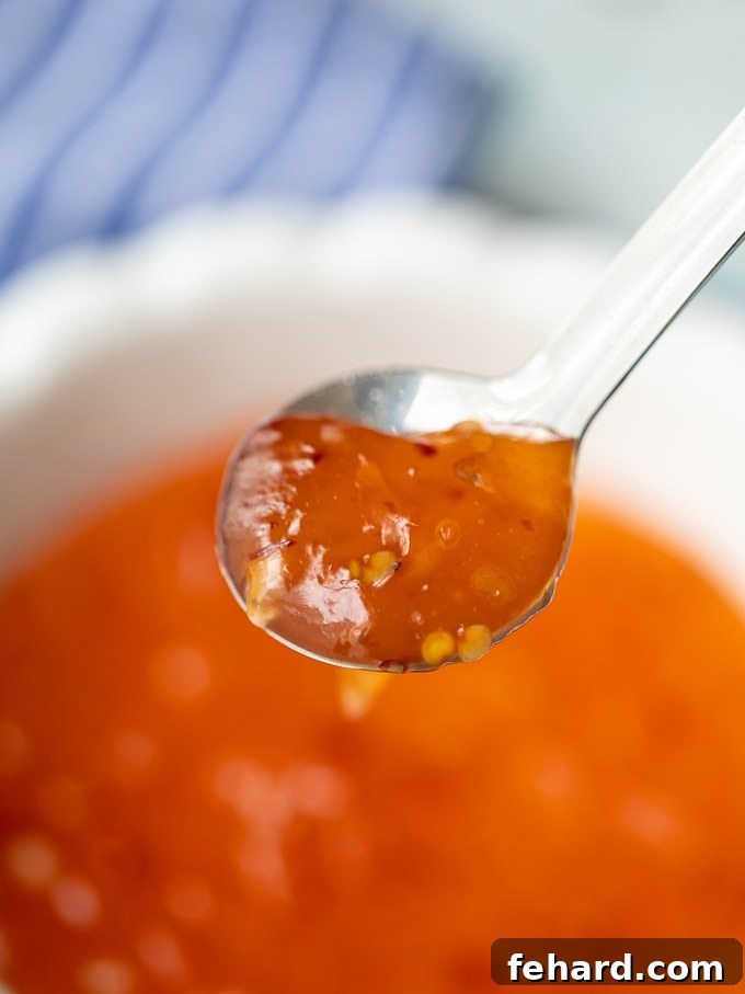 A spoon delicately scooping freshly made sweet chili sauce, showcasing its rich texture and color.